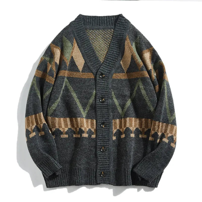 Cárdigan punto hombre estampado geométrico cuello pico botones retro multicolor - Alden