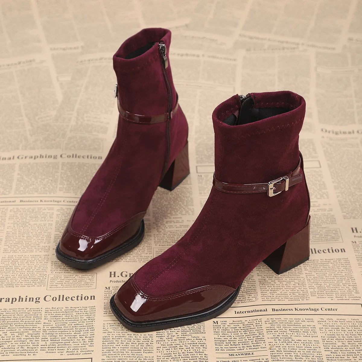 Botines mujer ante hebilla tacón ancho puntera charol contraste elegante - Marlen