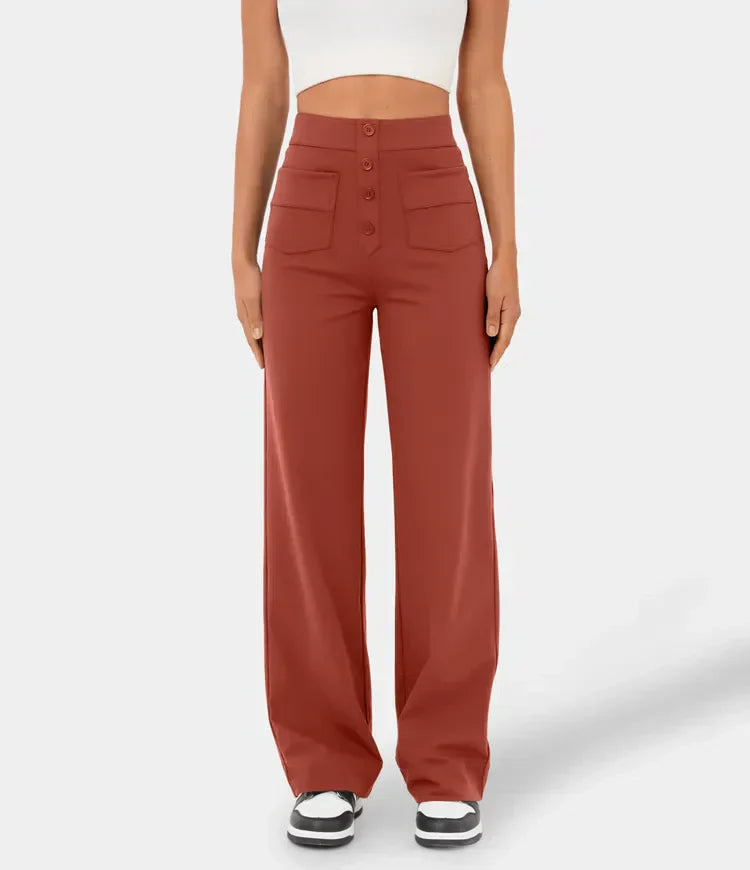 Pantalón para mujer recto tiro alto con cierre frontal de botones y línea larga ideal para estilos modernos y elegantes