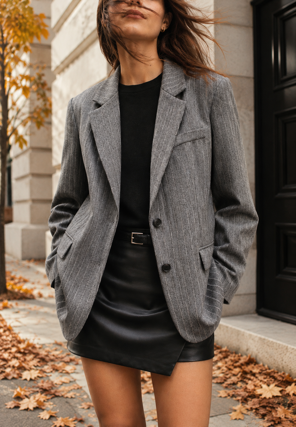 Blazer oversize mujer gris dos botones solapas clásicas otoño elegante - Jana