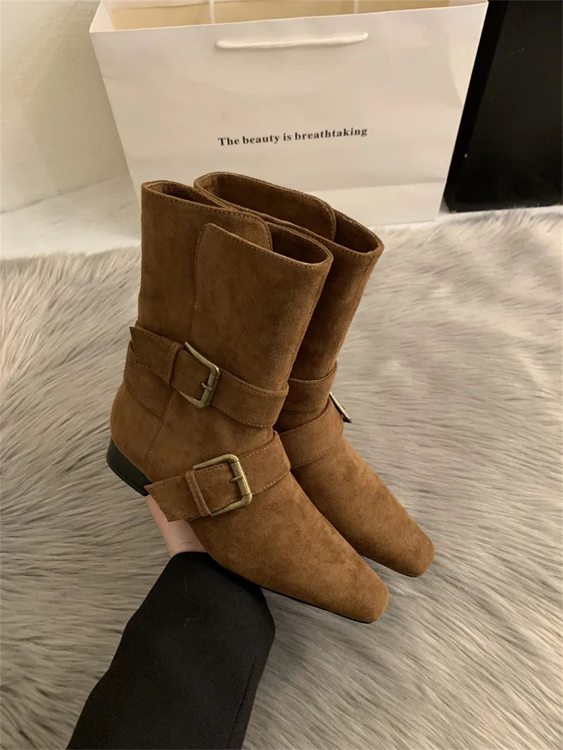 Botines mujer efecto ante hebillas doradas correas decorativas vintage - Pelinna