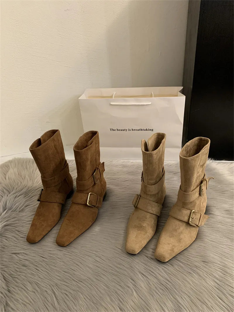 Botines mujer efecto ante hebillas doradas correas decorativas vintage - Pelinna