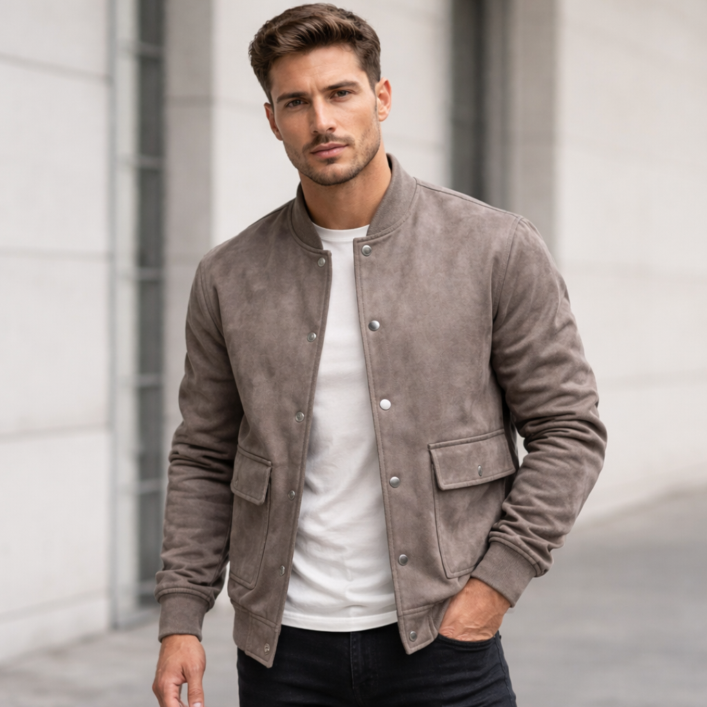 Chaqueta bomber hombre con cierre de botones y cuello corto corte recto largo a la cadera