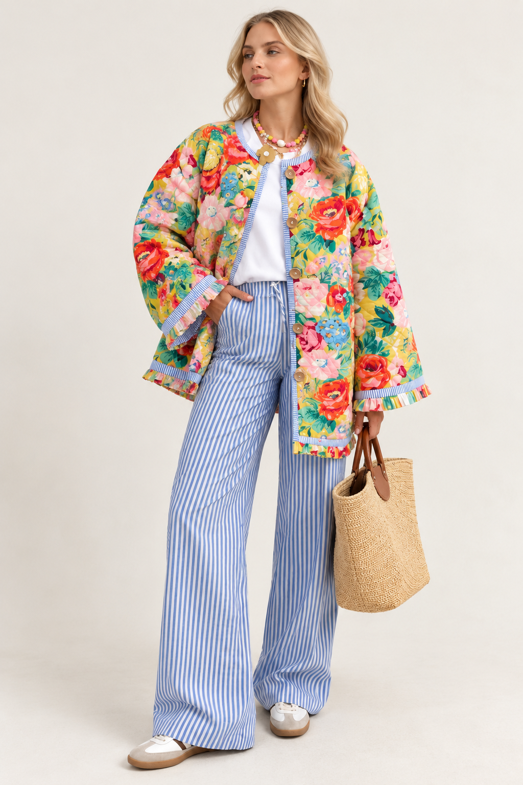 Chaqueta floral mujer corte evasé acolchado rombos volantes bajo movimiento - Clotilde