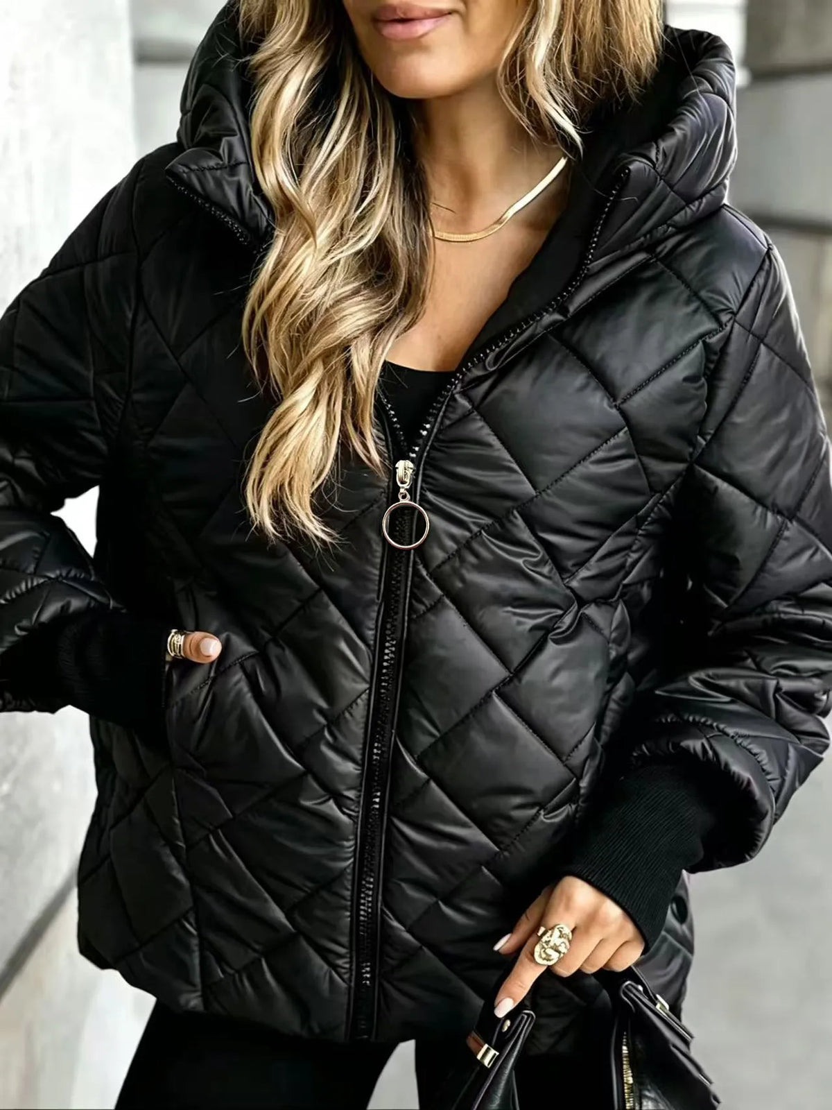 Chaqueta acolchada mujer capucha cremallera rombos práctica versátil otoño - Elina