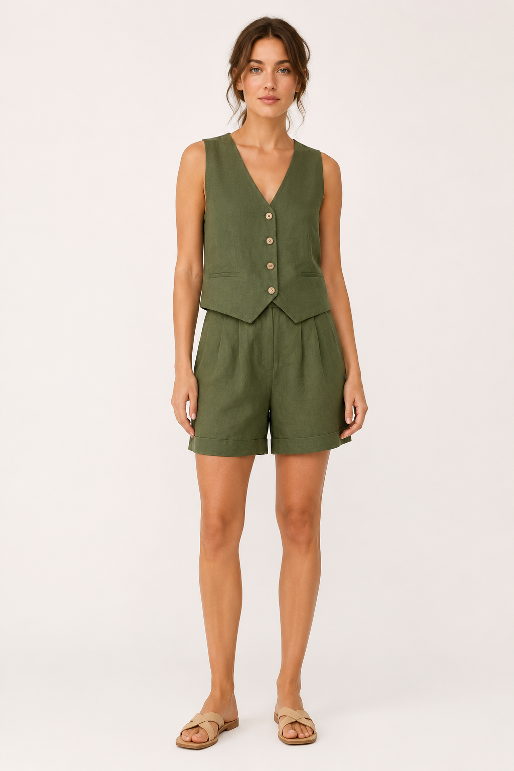 Conjunto mujer chaleco escote V short tiro alto pinzas lino algodón - Rita