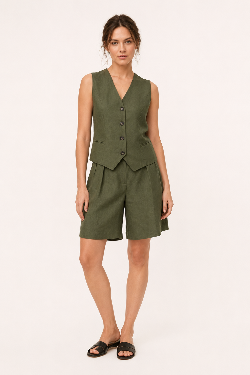 Conjunto mujer chaleco terminación pico short tiro alto pliegues lino - Lotte