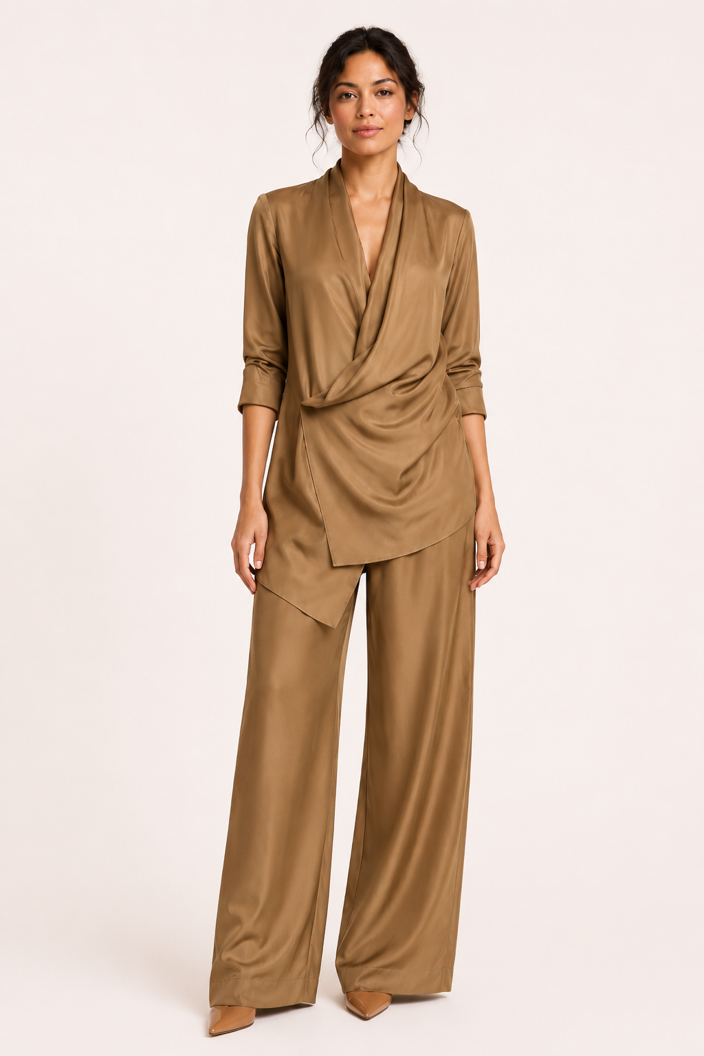 Conjunto mujer blusa cruzada satén pantalón pierna ancha oficina - Kerstin