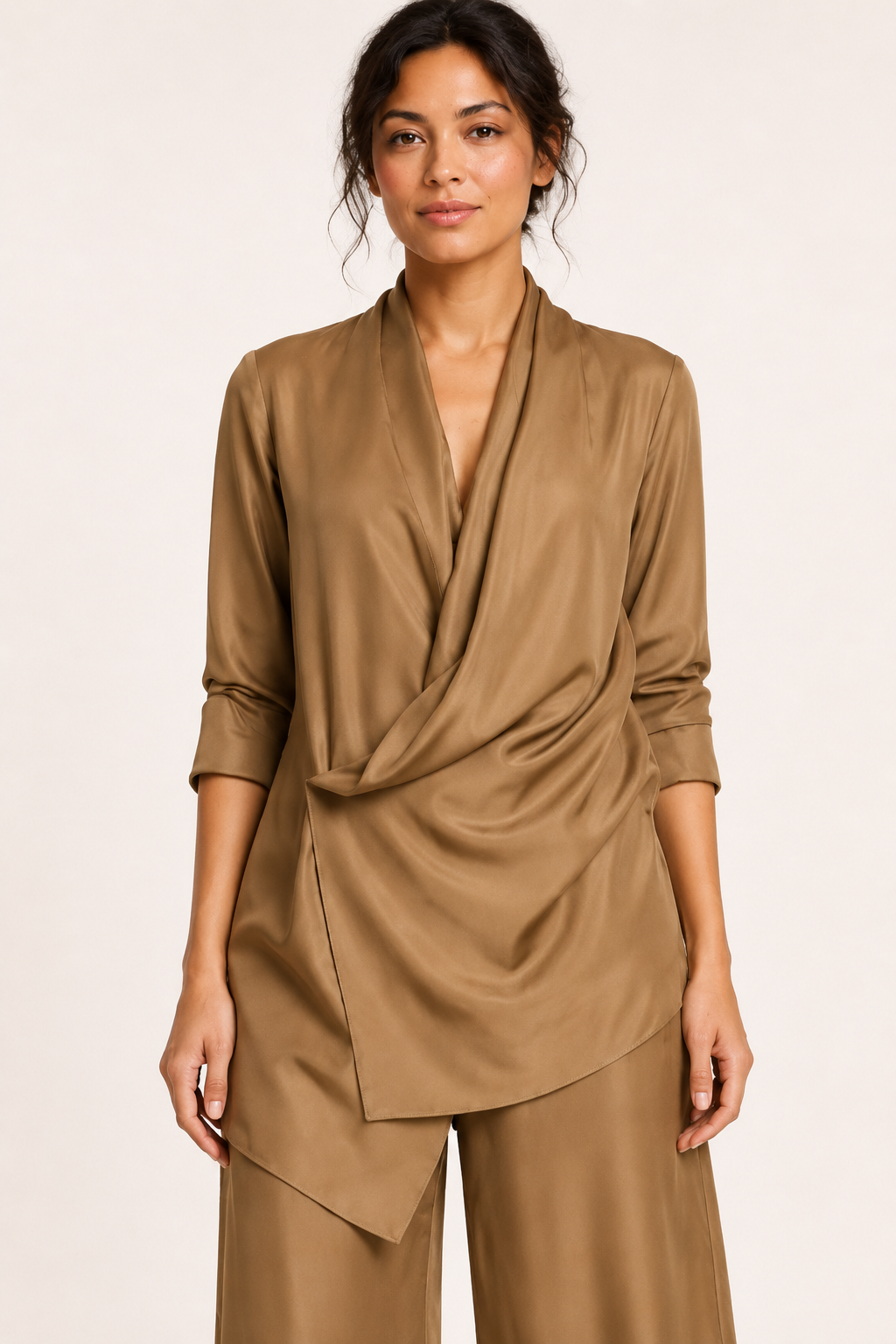 Conjunto mujer blusa cruzada satén pantalón pierna ancha oficina - Kerstin