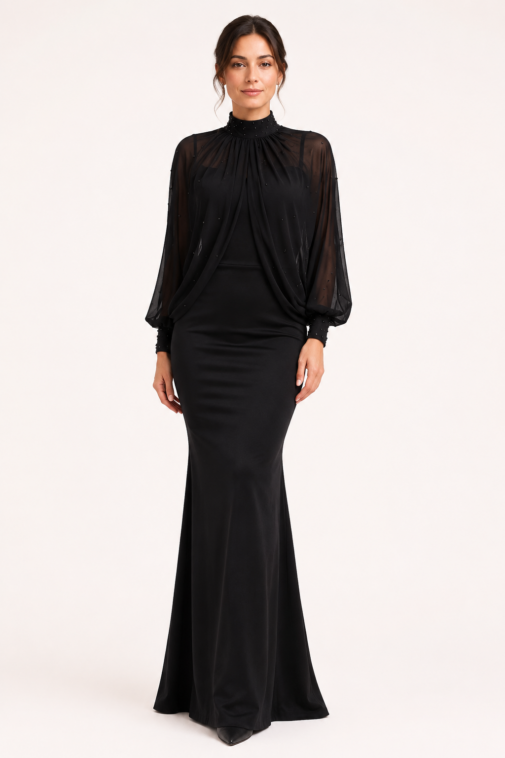 Vestido largo mujer dos piezas corte sirena sobrecapa tul transparente - Celeste