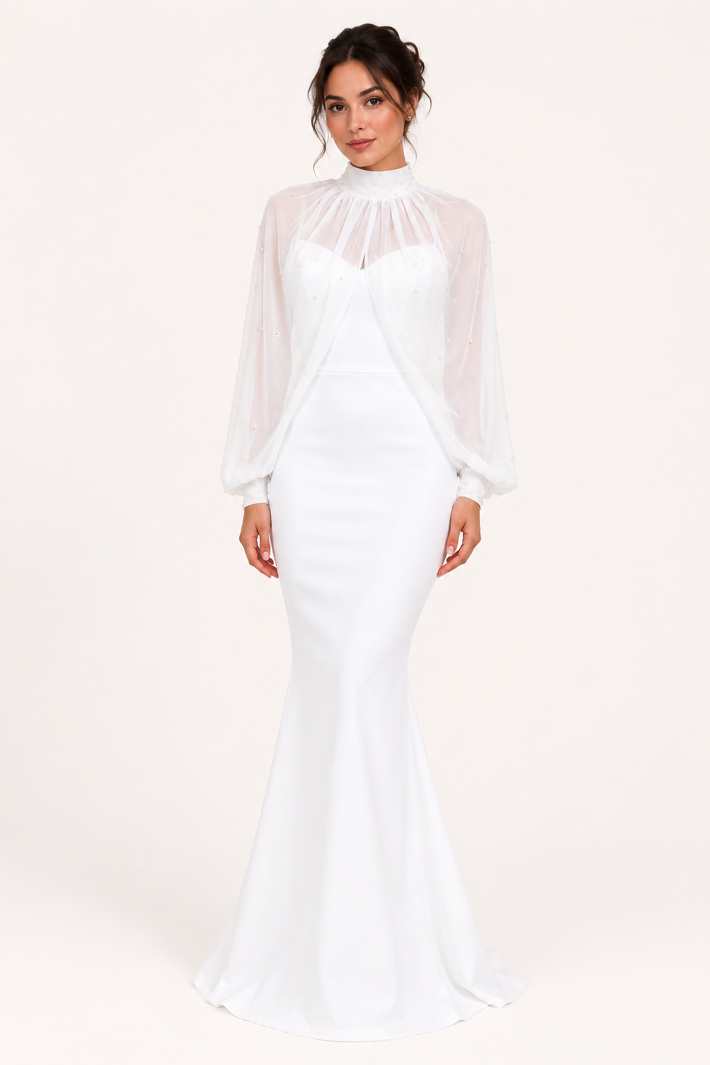 Vestido largo mujer dos piezas corte sirena sobrecapa tul transparente - Celeste