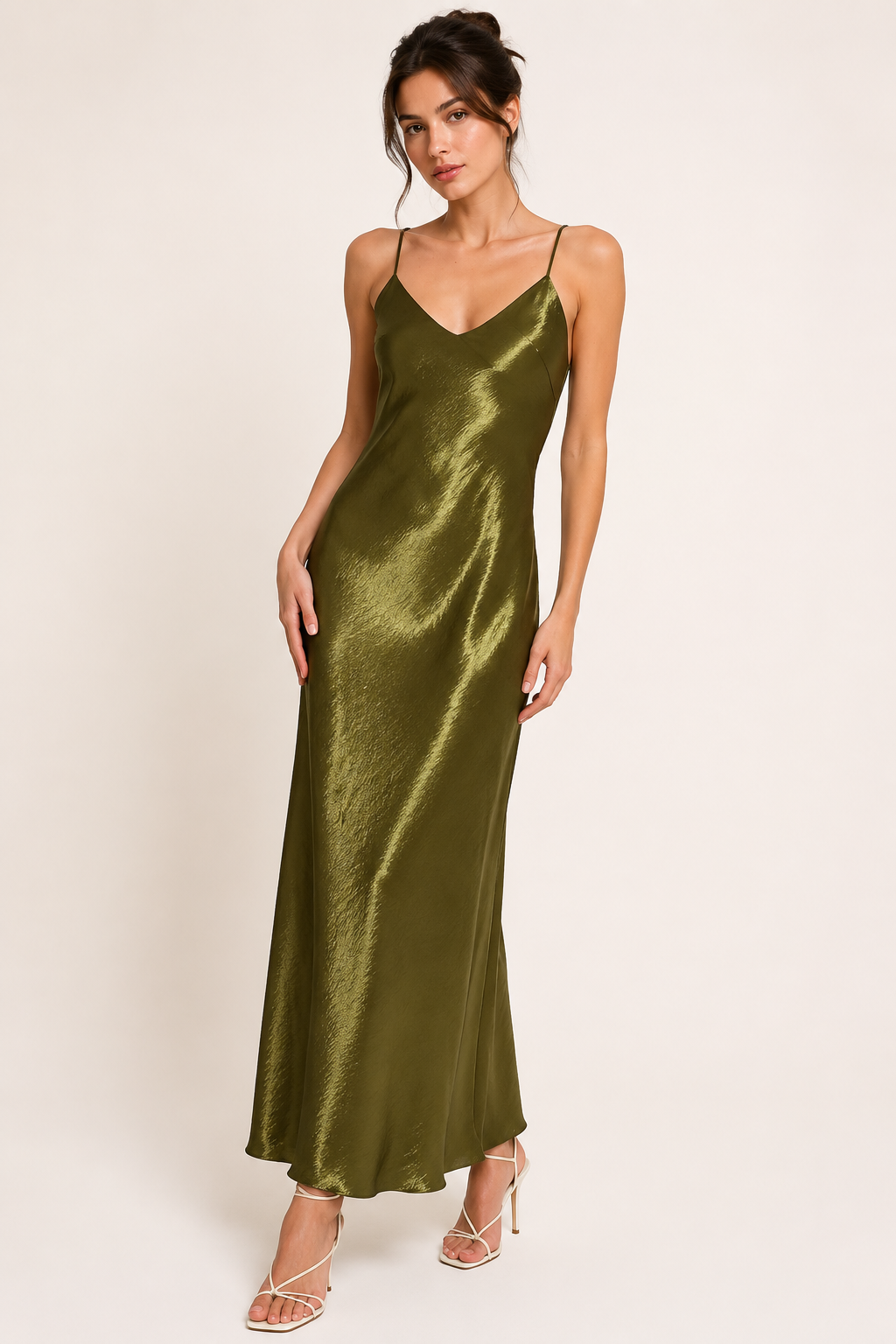 Vestido midi lencero mujer satinado tirantes finos escote V liso - Leni