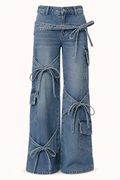 Vaqueros cargo mujer pierna ancha lazos decorativos bolsillos laterales - Ida