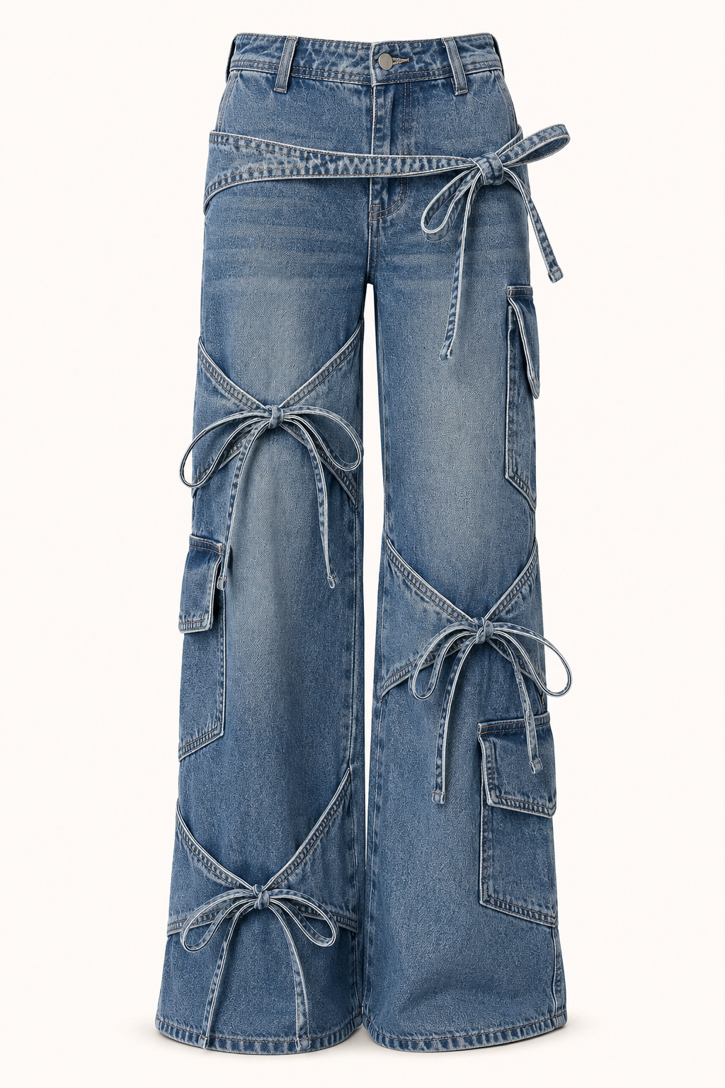 Vaqueros cargo mujer pierna ancha lazos decorativos bolsillos laterales - Ida
