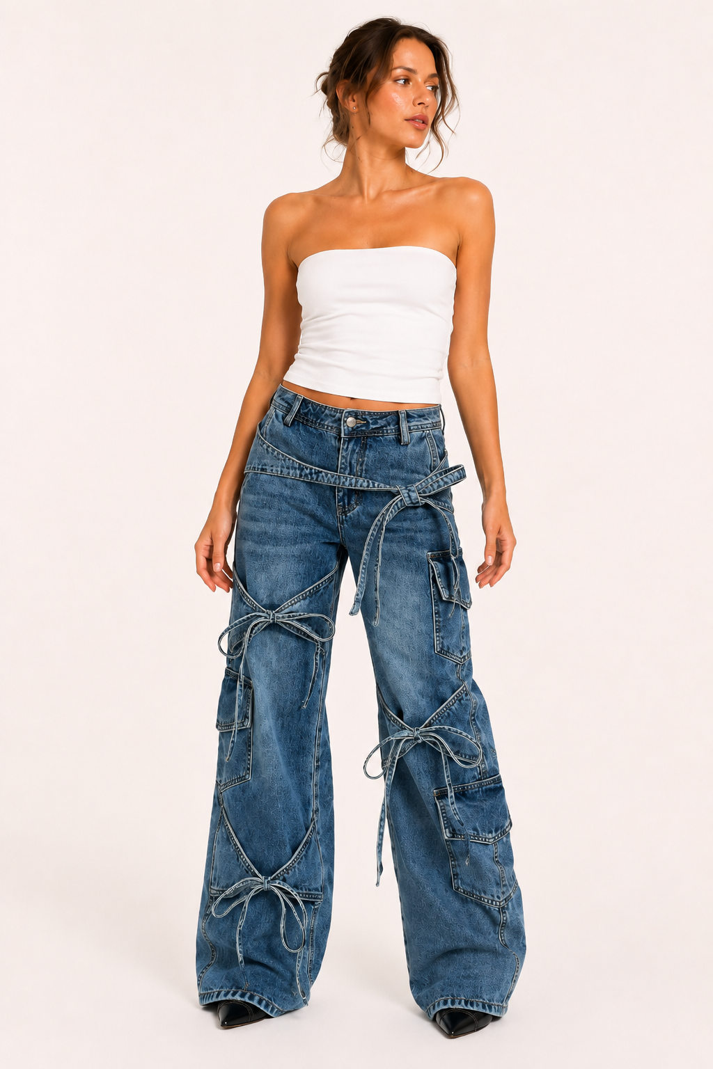 Vaqueros cargo mujer pierna ancha lazos decorativos bolsillos laterales - Ida