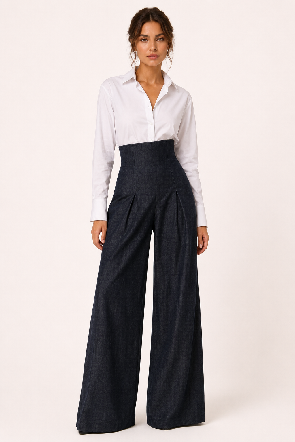 Pantalón mujer pierna ancha cintura alta caída fluida elegante - Elara