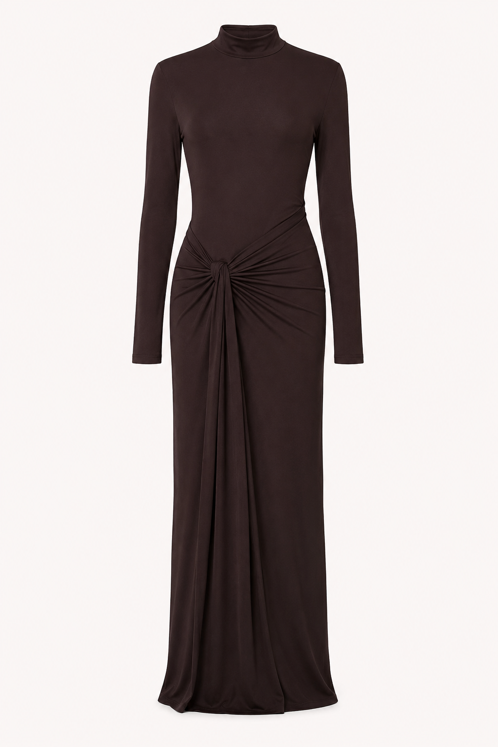 Vestido largo mujer cuello alto manga larga drapeado lateral cintura - Monik
