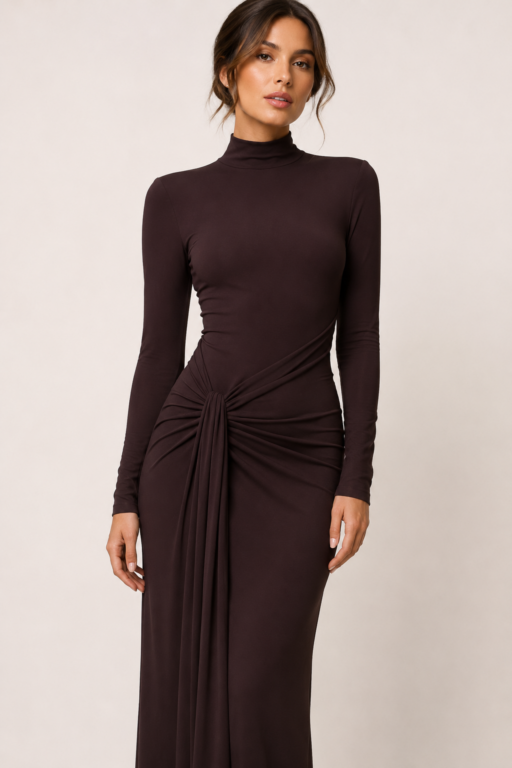 Vestido largo mujer cuello alto manga larga drapeado lateral cintura - Monik