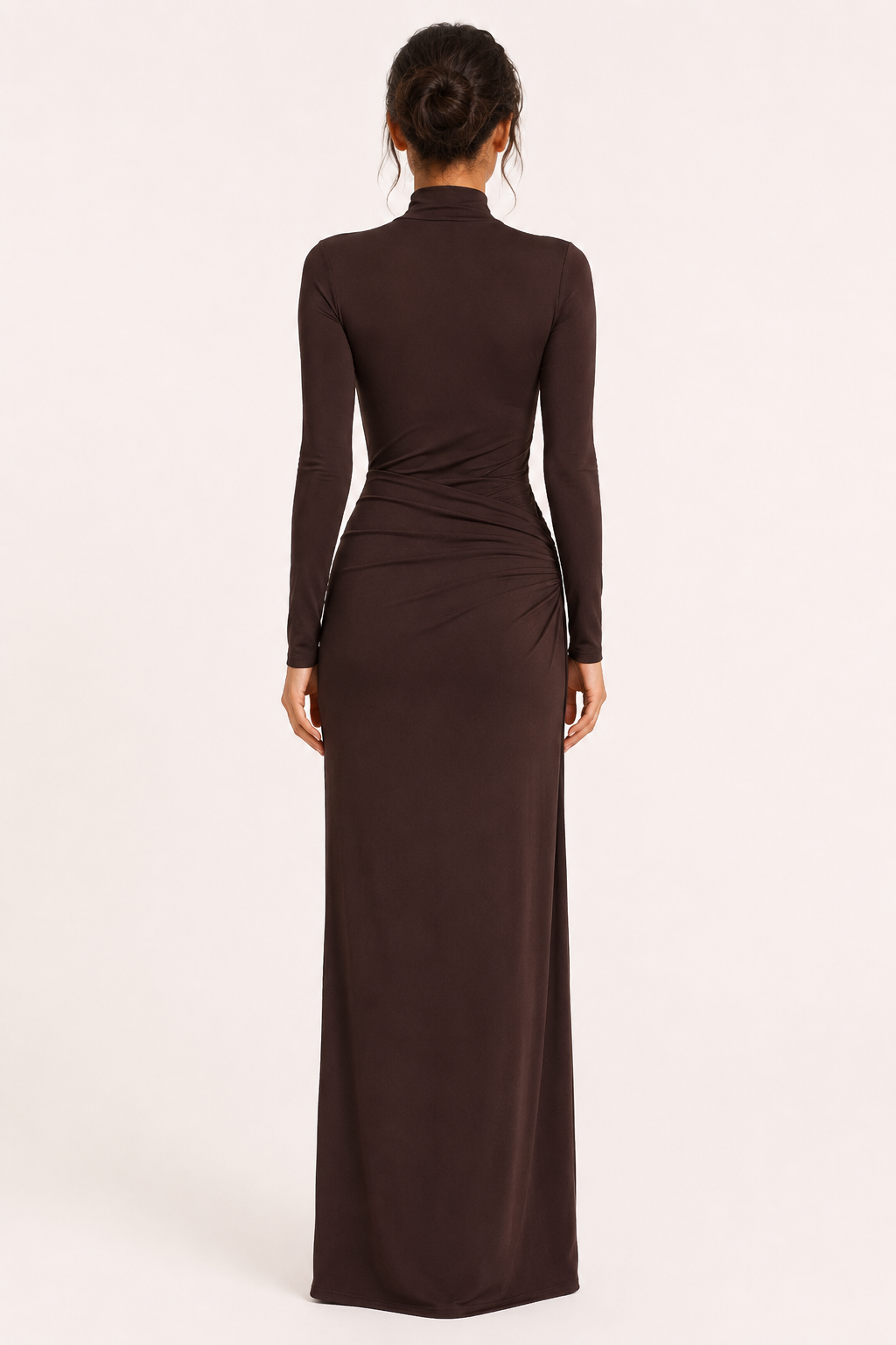 Vestido largo mujer cuello alto manga larga drapeado lateral cintura - Monik