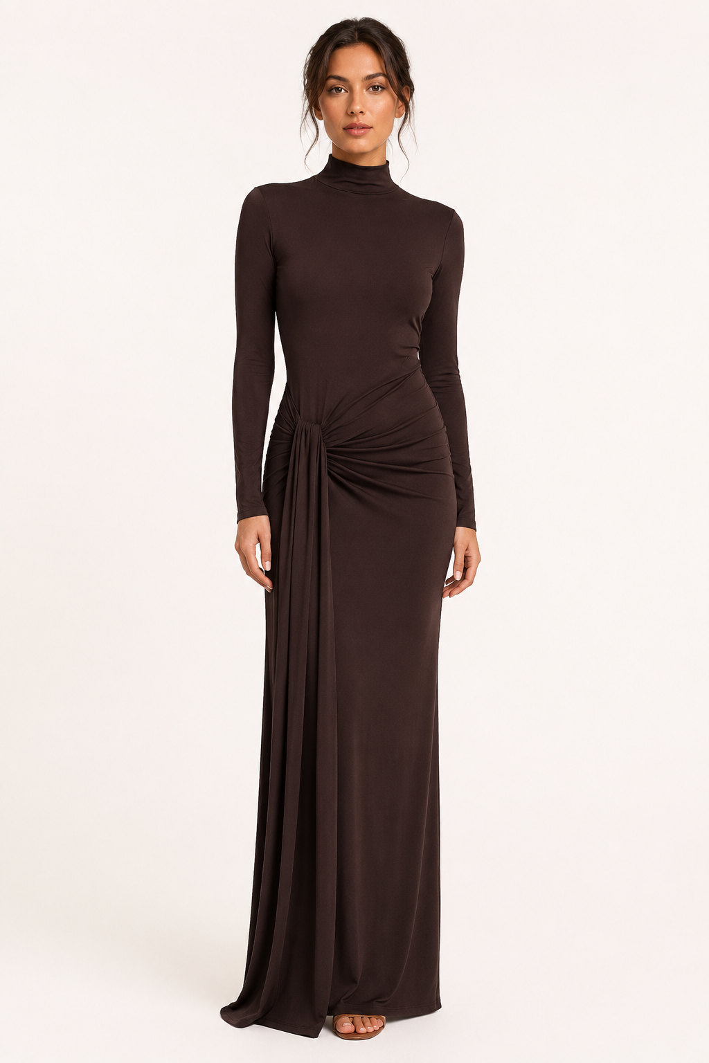 Vestido largo mujer cuello alto manga larga drapeado lateral cintura - Monik
