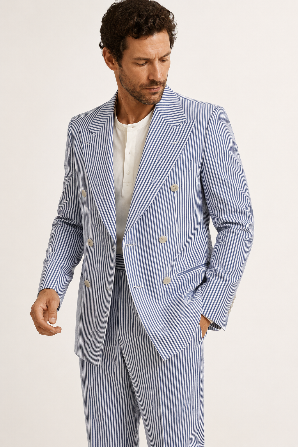 Traje hombre rayas dos piezas americana cruzada pantalón recto clásico - Emil