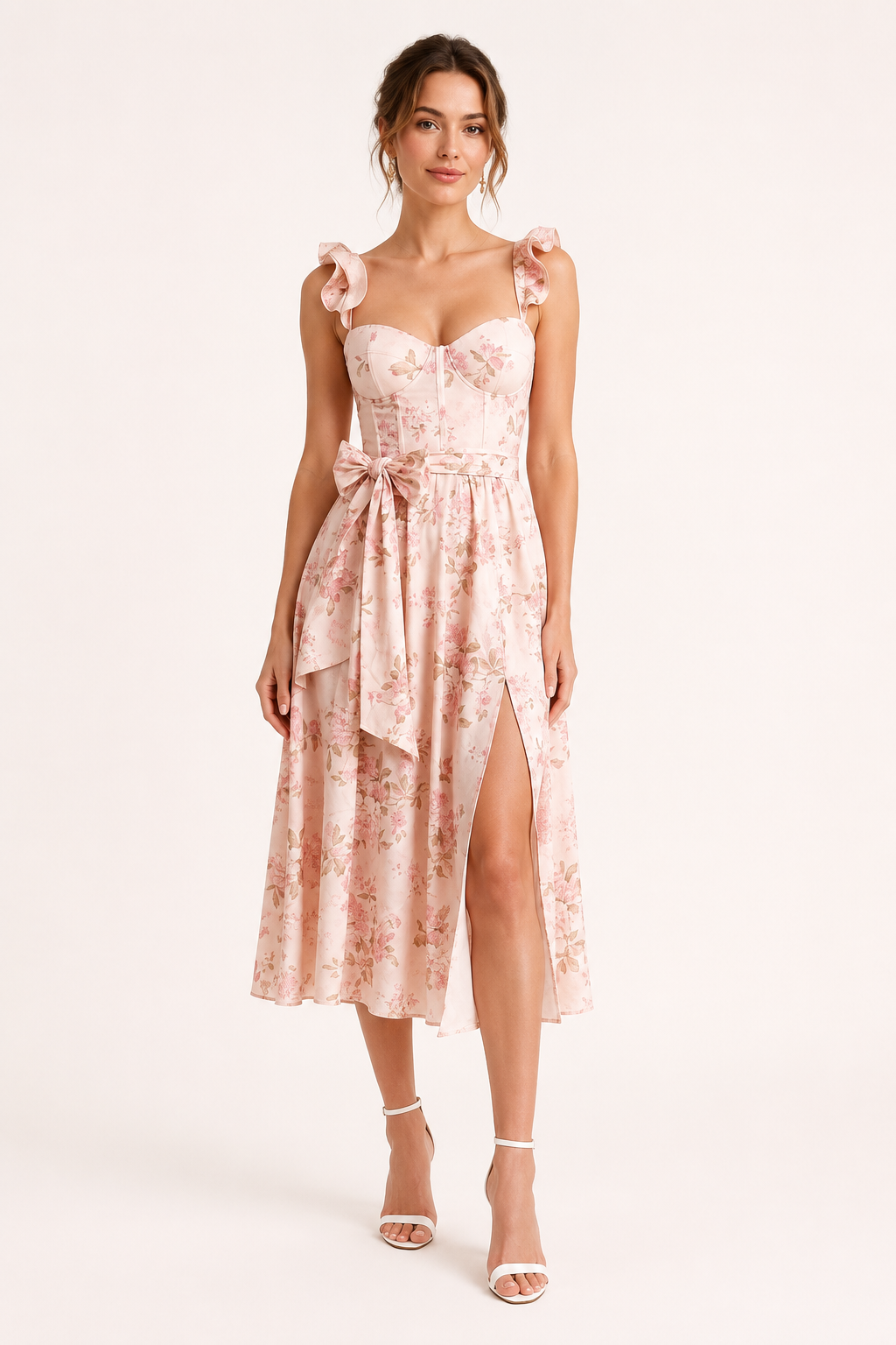 Vestido midi mujer floral escote corazón lazo cintura abertura - Käthe