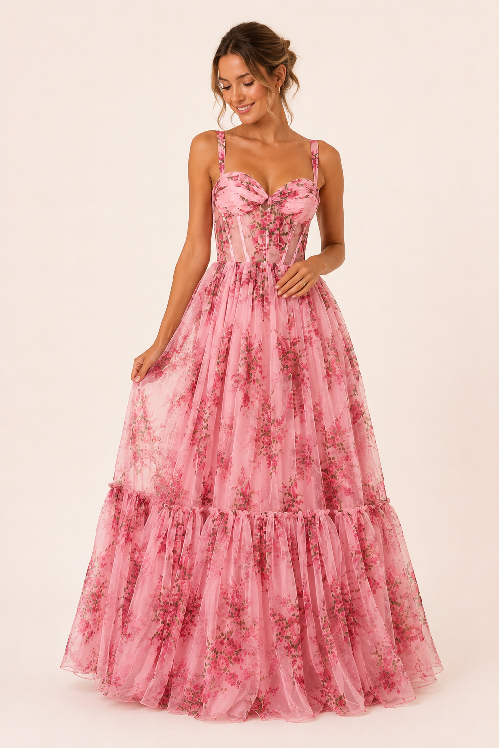 Vestido largo mujer floral cuerpo corset tirantes finos falda amplia - Elira
