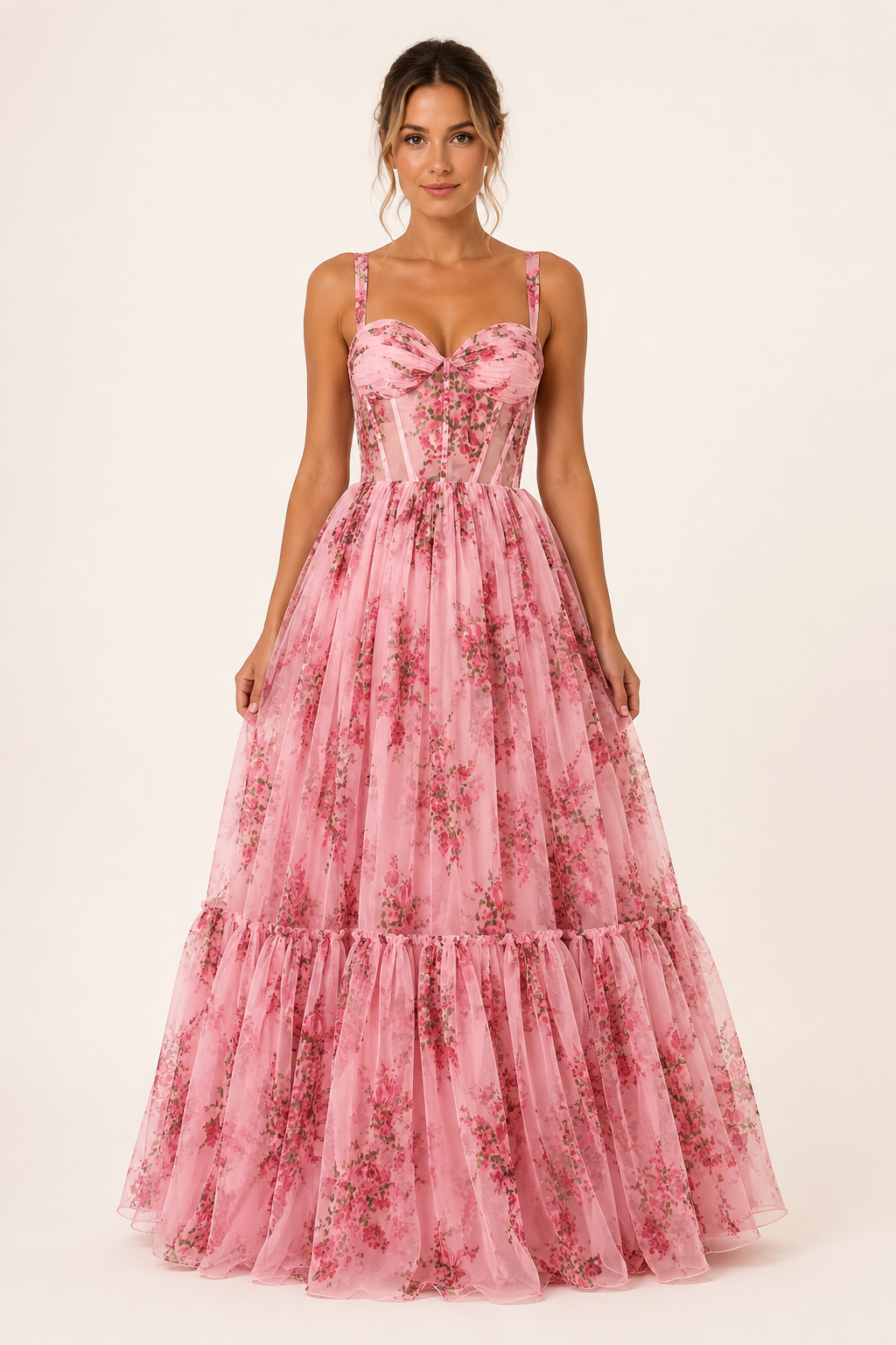Vestido largo mujer floral cuerpo corset tirantes finos falda amplia - Elira