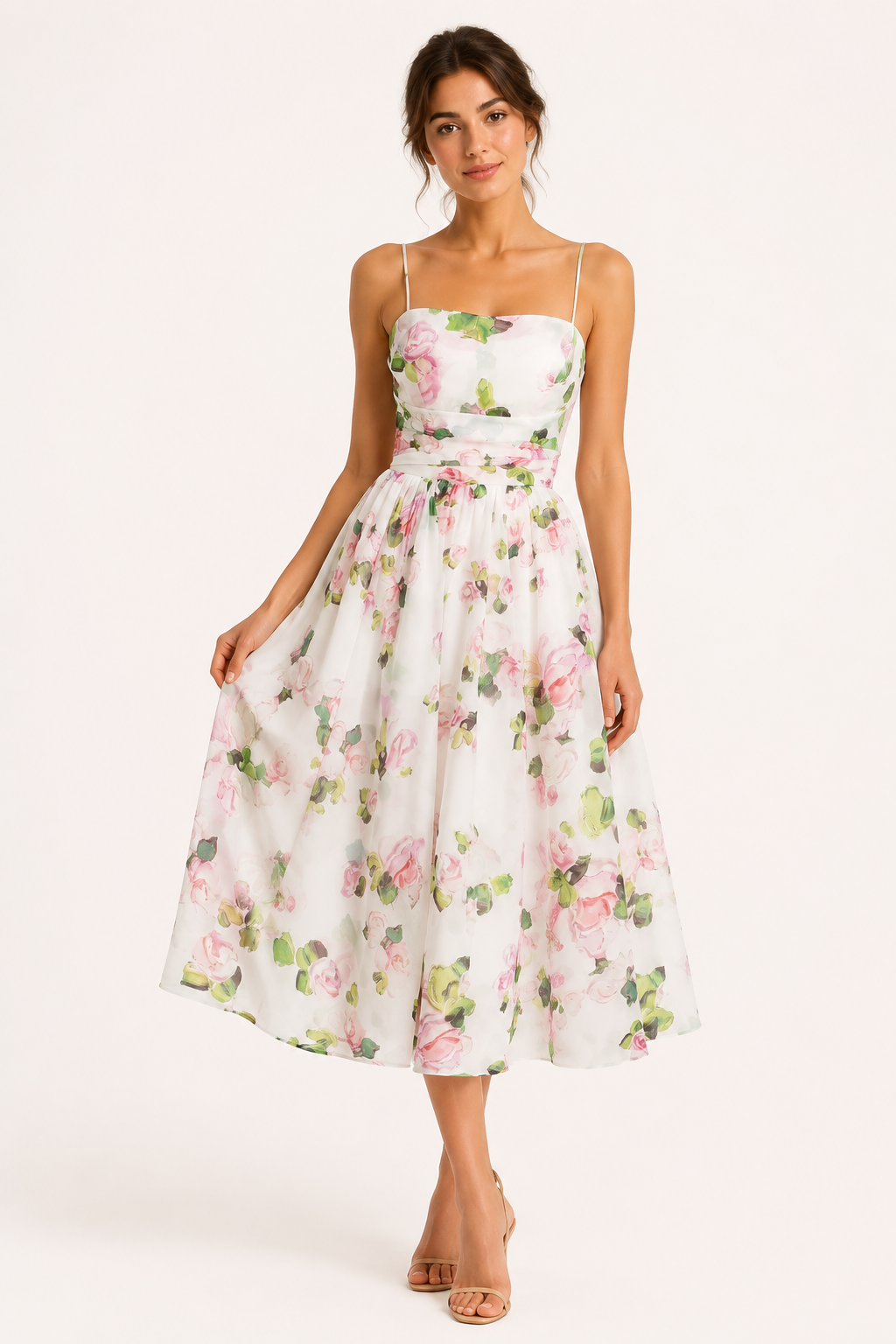 Vestido midi mujer floral tirantes finos escote recto cintura marcada - Elira