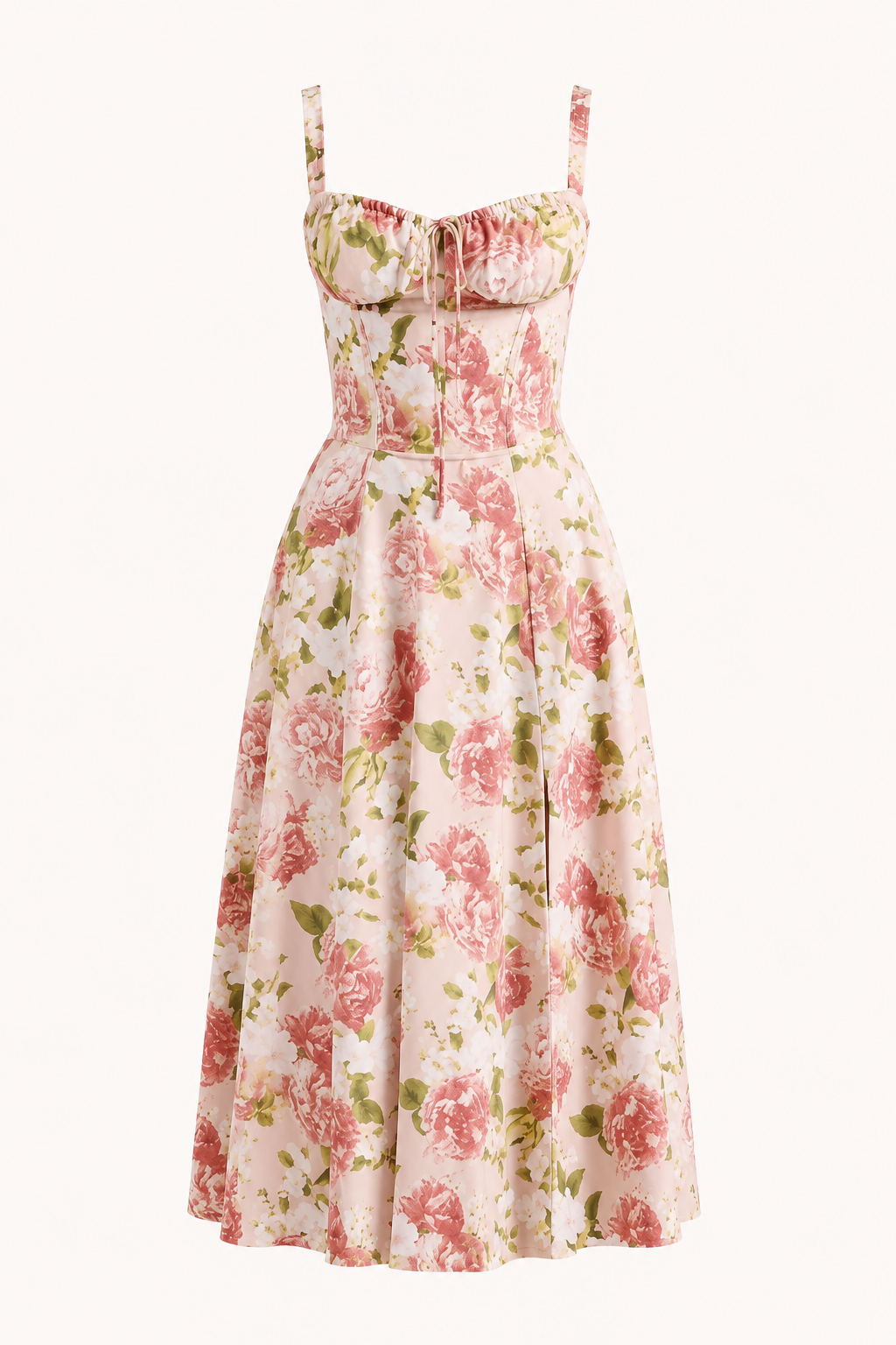 Vestido midi mujer floral tirantes anchos busto fruncido lazo frontal - Maren