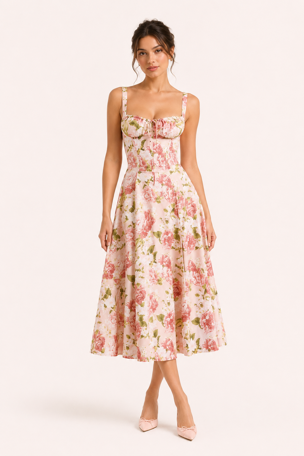 Vestido midi mujer floral tirantes anchos busto fruncido lazo frontal - Maren