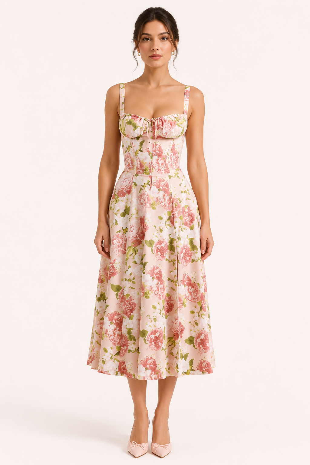 Vestido midi mujer floral tirantes anchos busto fruncido lazo frontal - Maren