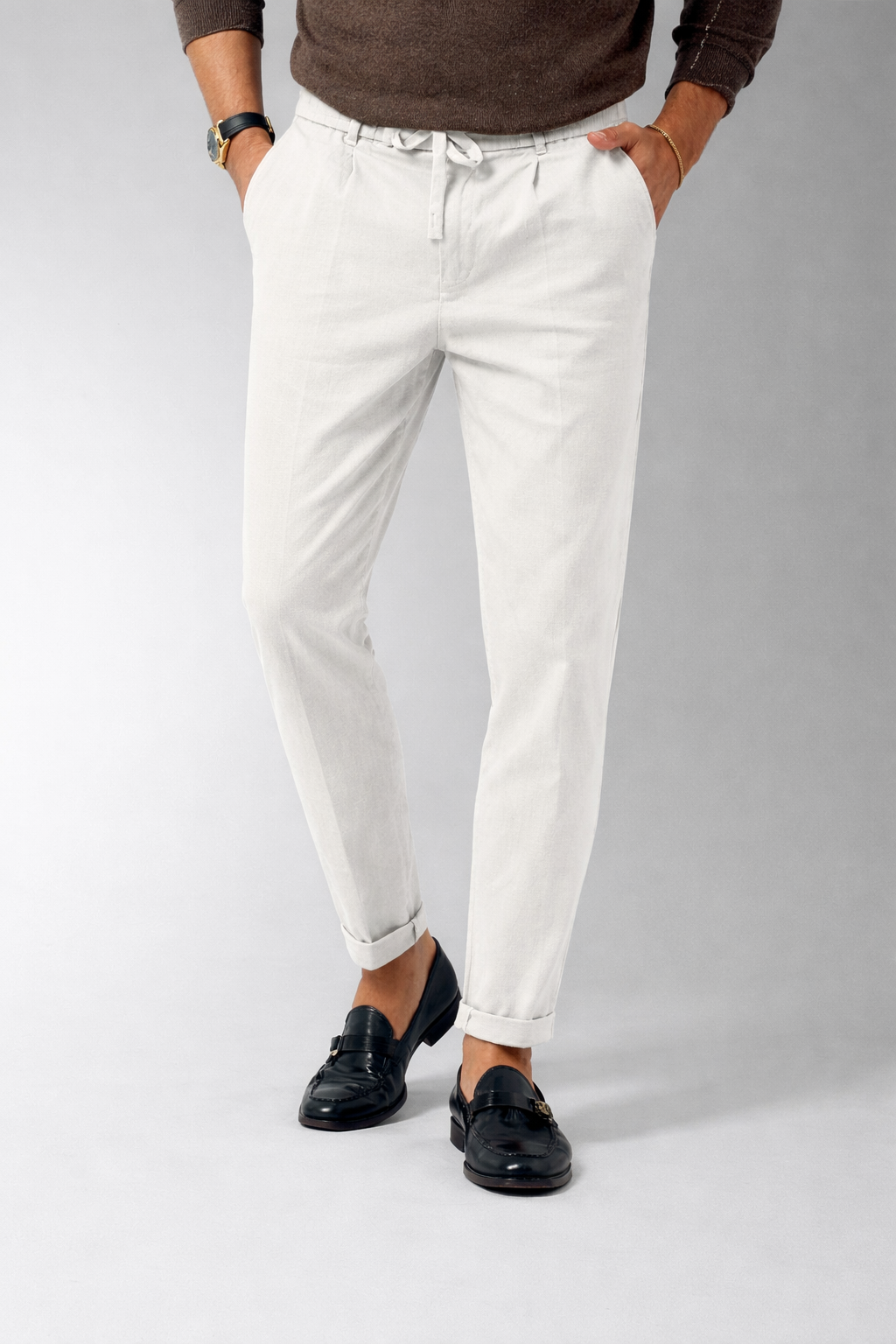 Pantalones de lino para hombre con cintura ajustable y tejido natural para climas cálidos transpirables y confortables