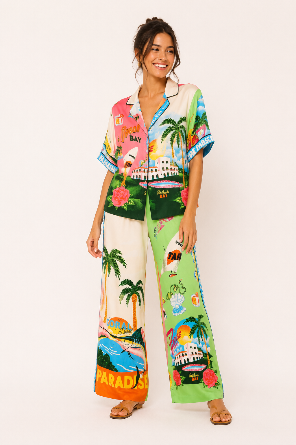 Conjunto mujer tropical camisa botones pantalón ancho relajado verano - Anika