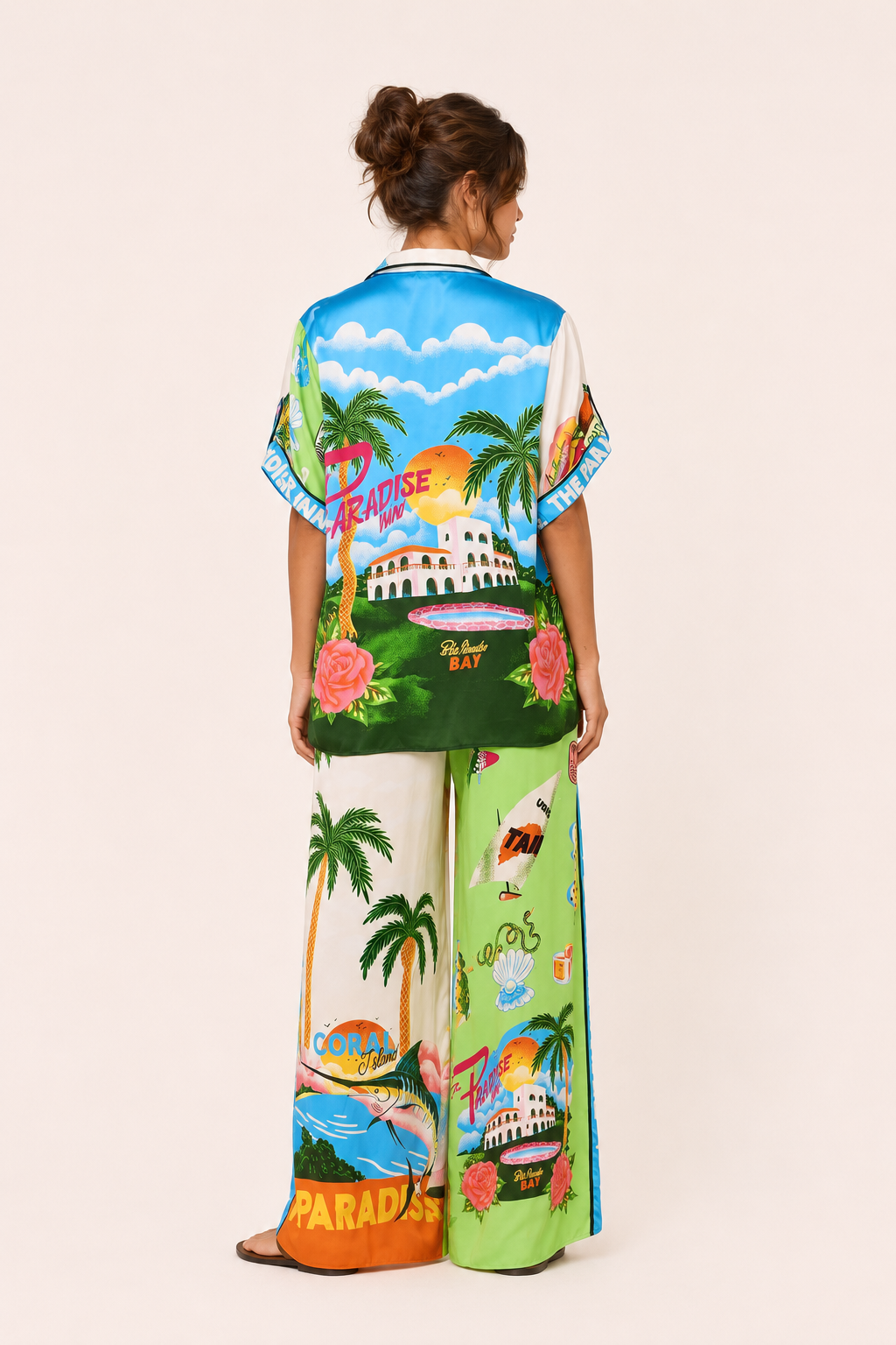 Conjunto mujer tropical camisa botones pantalón ancho relajado verano - Anika