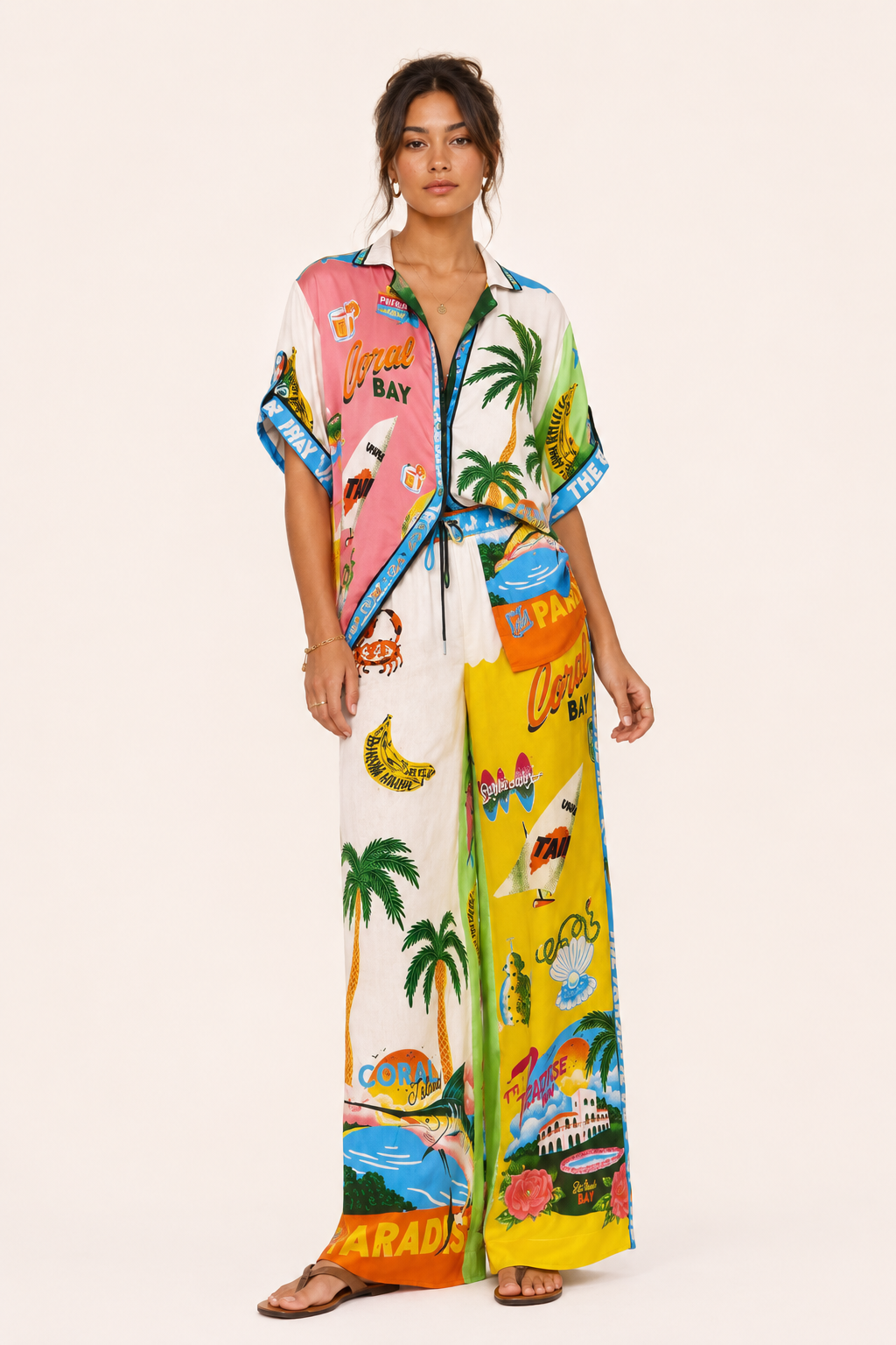 Conjunto mujer tropical camisa botones pantalón ancho relajado verano - Anika