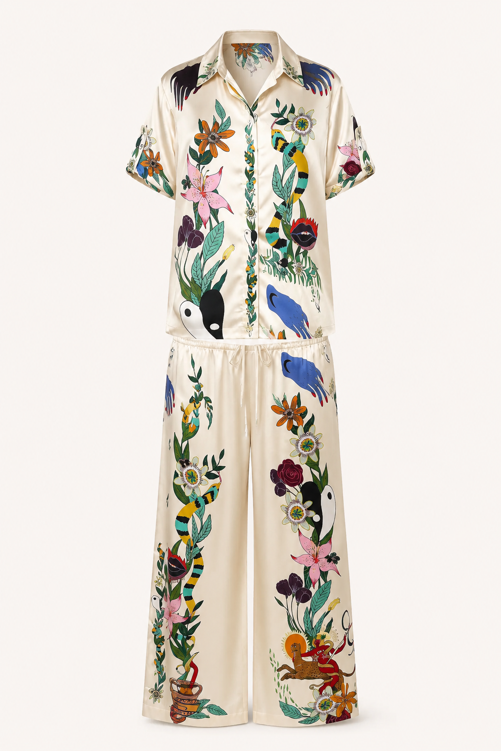 Conjunto mujer tropical camisa botones pantalón ancho relajado verano - Anika