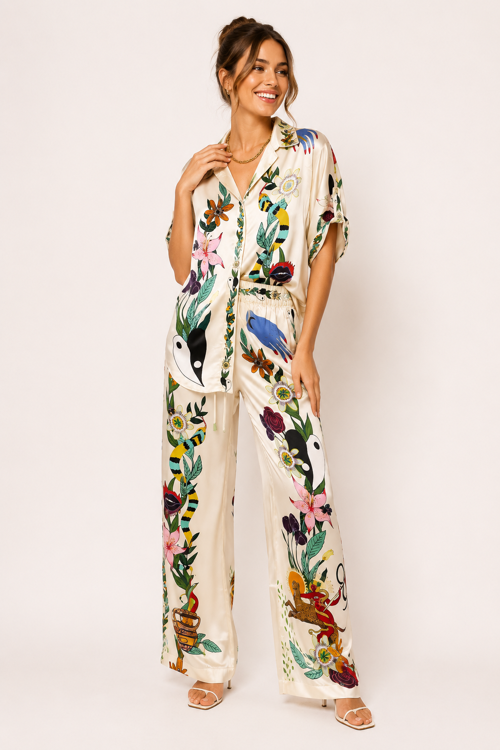 Conjunto mujer tropical camisa botones pantalón ancho relajado verano - Anika