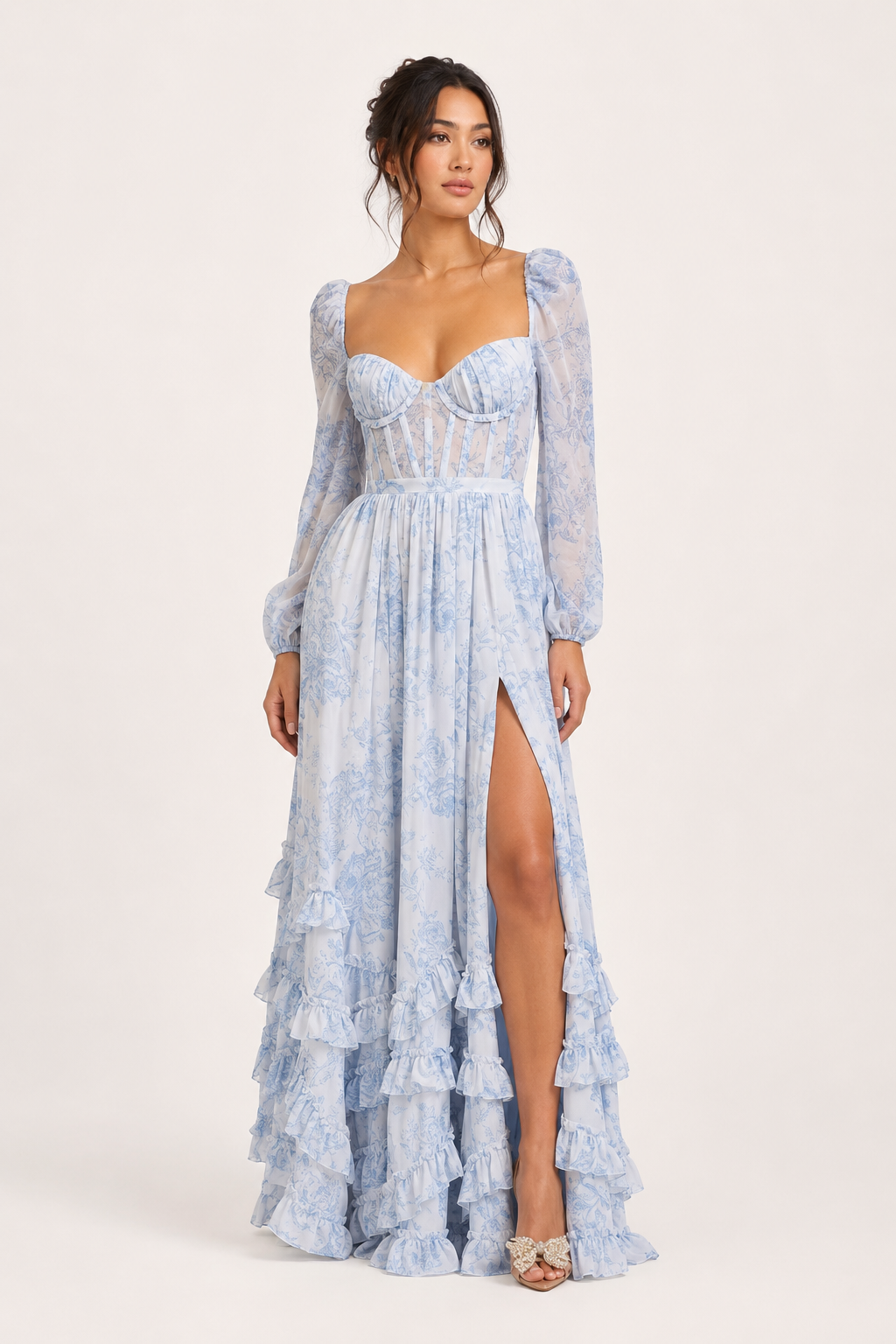 Vestido largo mujer floral manga larga escote cuadrado copa marcada - Romy