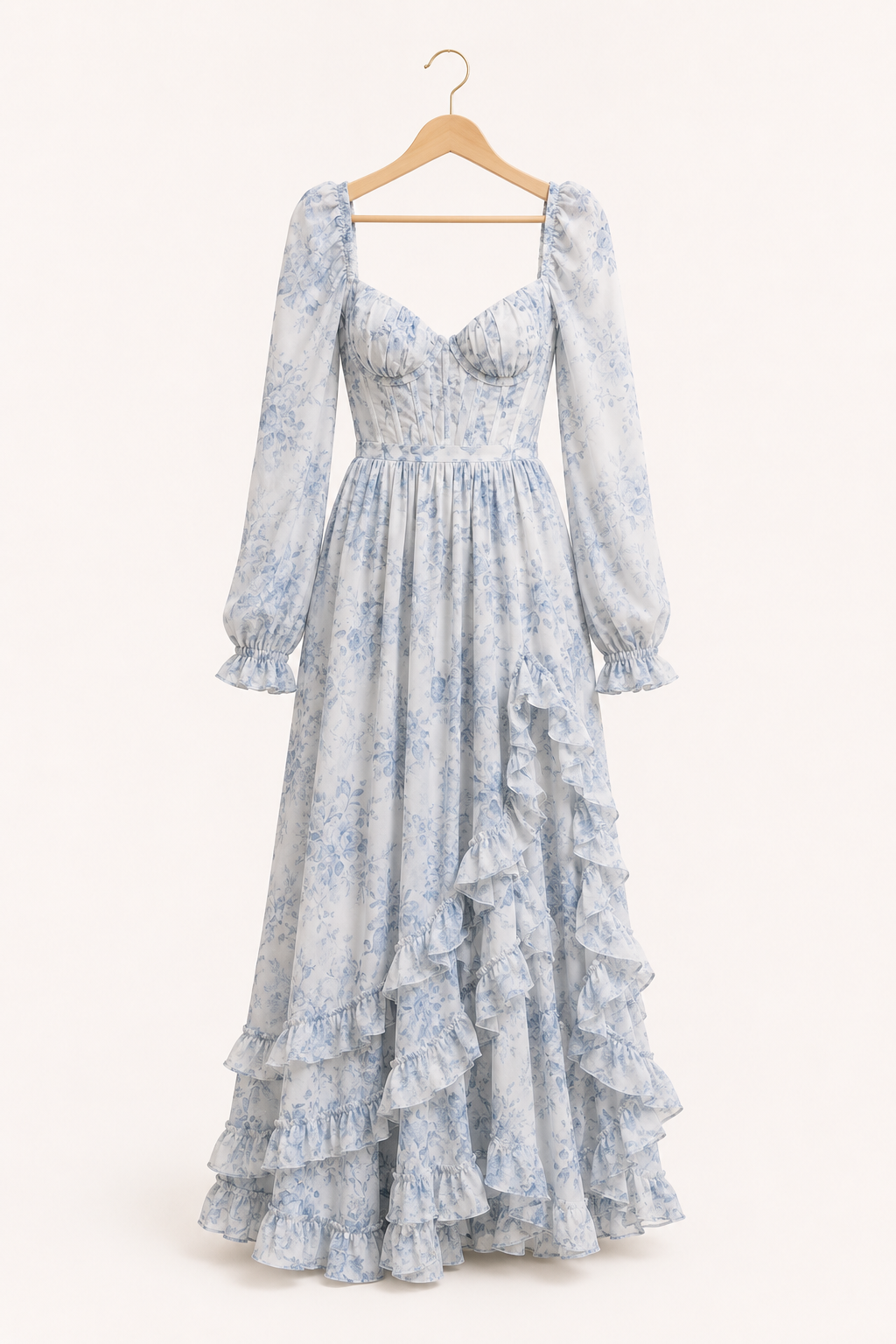 Vestido largo mujer floral manga larga escote cuadrado copa marcada - Romy
