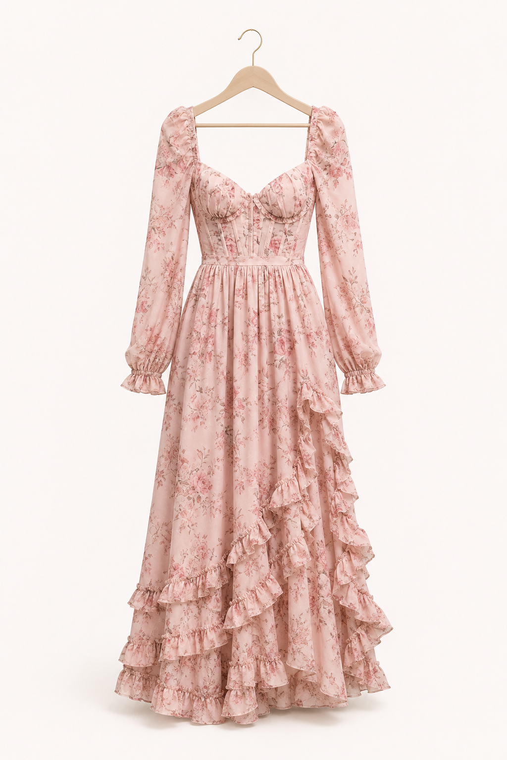 Vestido largo mujer floral manga larga escote cuadrado copa marcada - Romy