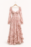 Vestido largo mujer floral manga larga escote cuadrado copa marcada - Romy