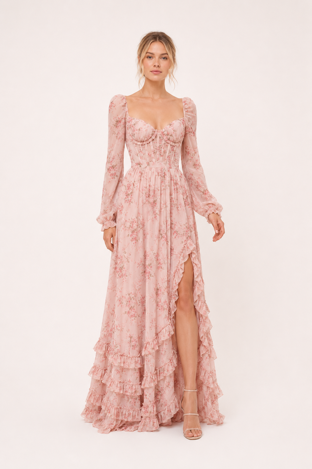 Vestido largo mujer floral manga larga escote cuadrado copa marcada - Romy