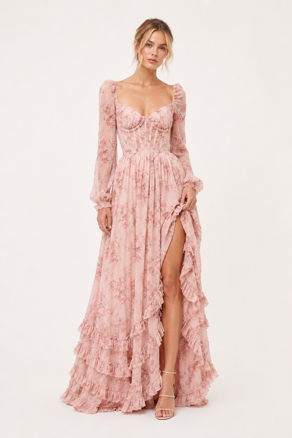 Vestido largo mujer floral manga larga escote cuadrado copa marcada - Romy