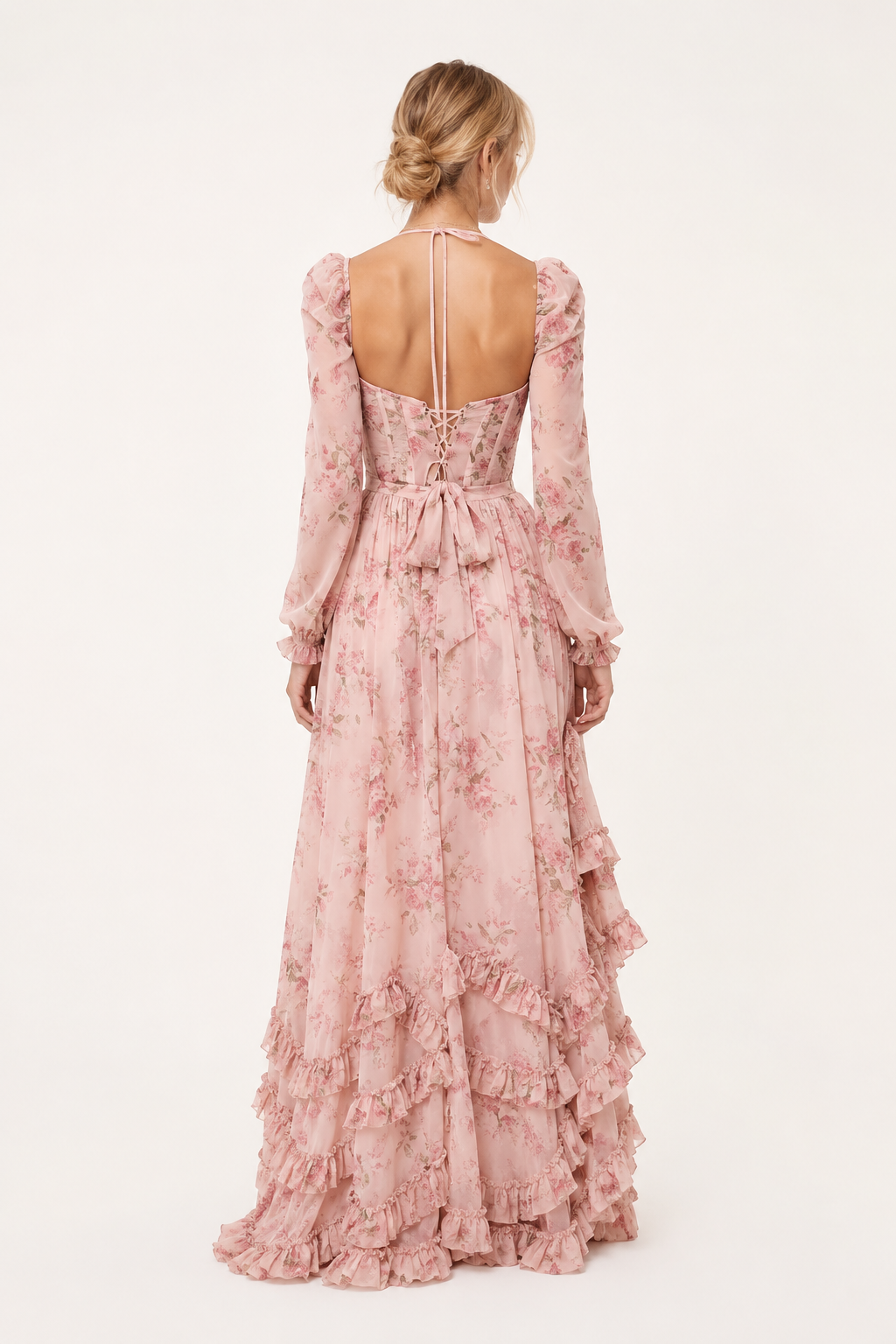 Vestido largo mujer floral manga larga escote cuadrado copa marcada - Romy