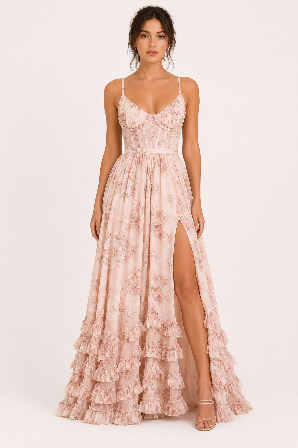Vestido largo fiesta mujer floral tirantes finos copa marcada abertura - Elara