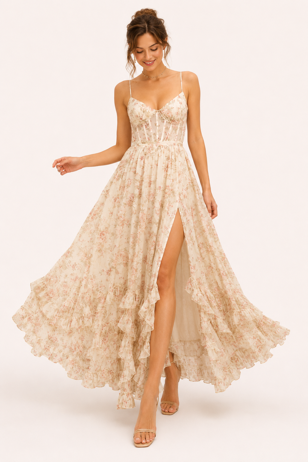 Vestido largo fiesta mujer floral tirantes finos copa marcada abertura - Elara
