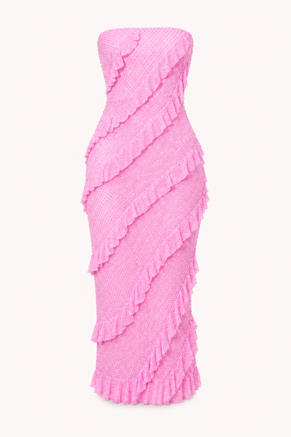 Vestido midi strapless mujer volantes diagonales textura punteada fiesta - Yina