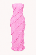 Vestido midi strapless mujer volantes diagonales textura punteada fiesta - Yina