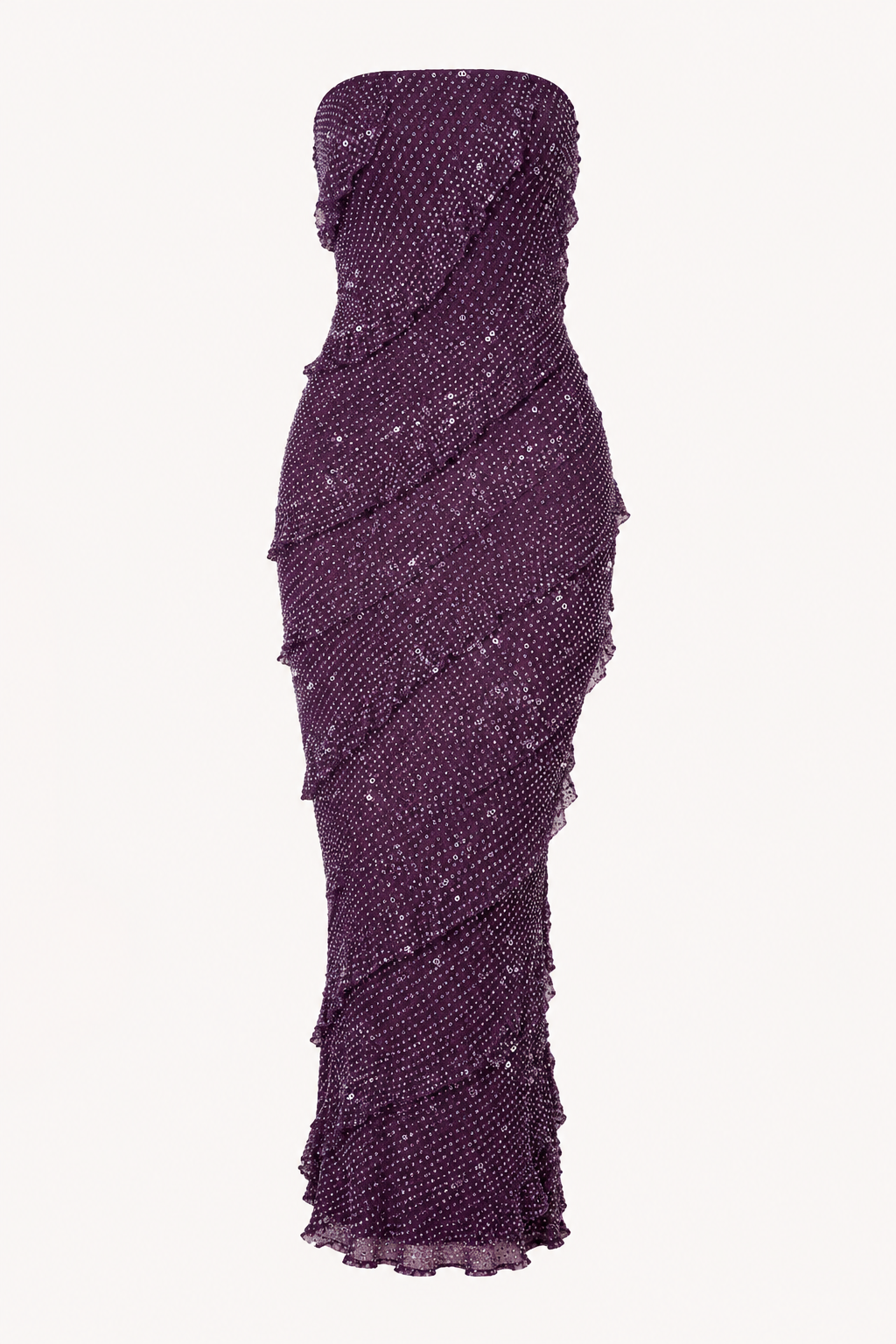 Vestido midi strapless mujer volantes diagonales textura punteada fiesta - Yina